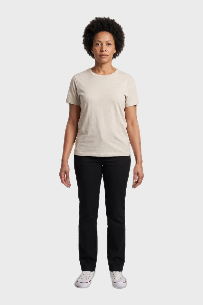 A generated model in a plain t-shirt