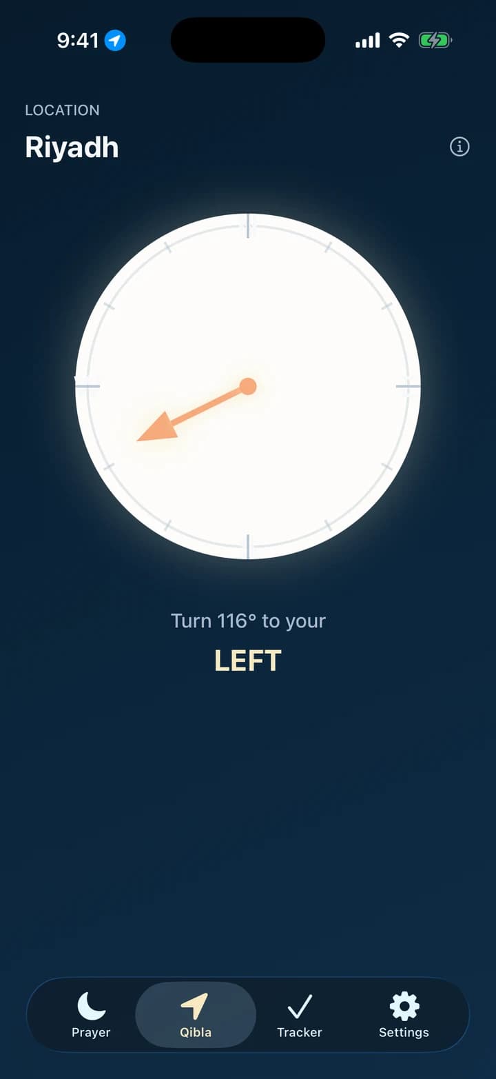 Mawaqeet Qibla compass screen