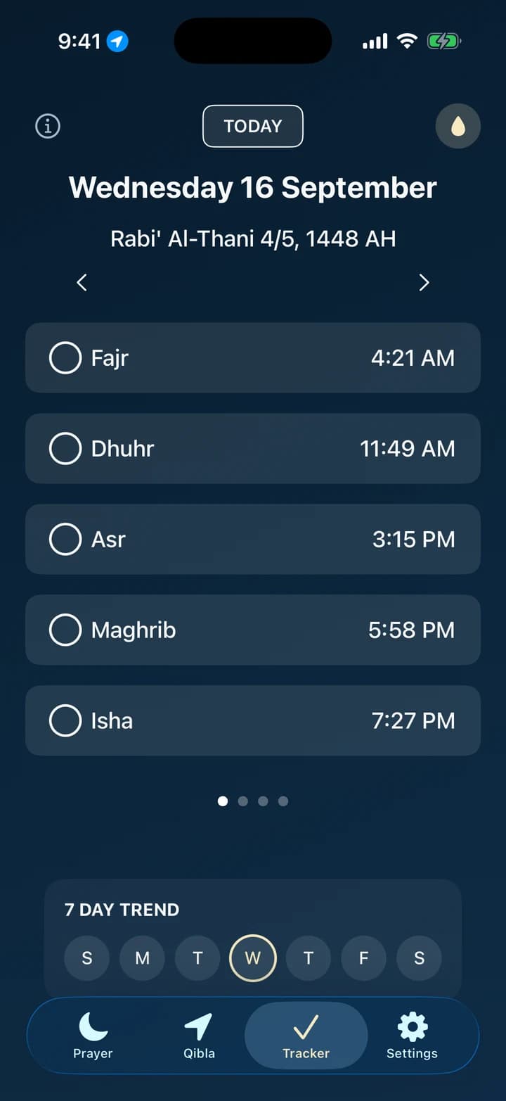 Mawaqeet prayer tracker screen